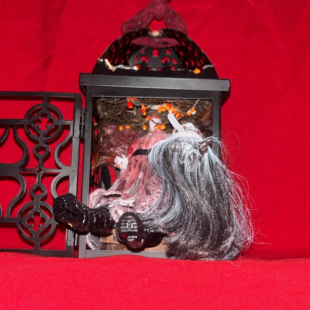 Real bird skull in birdcage with decapitated doll holding her head in her hands
